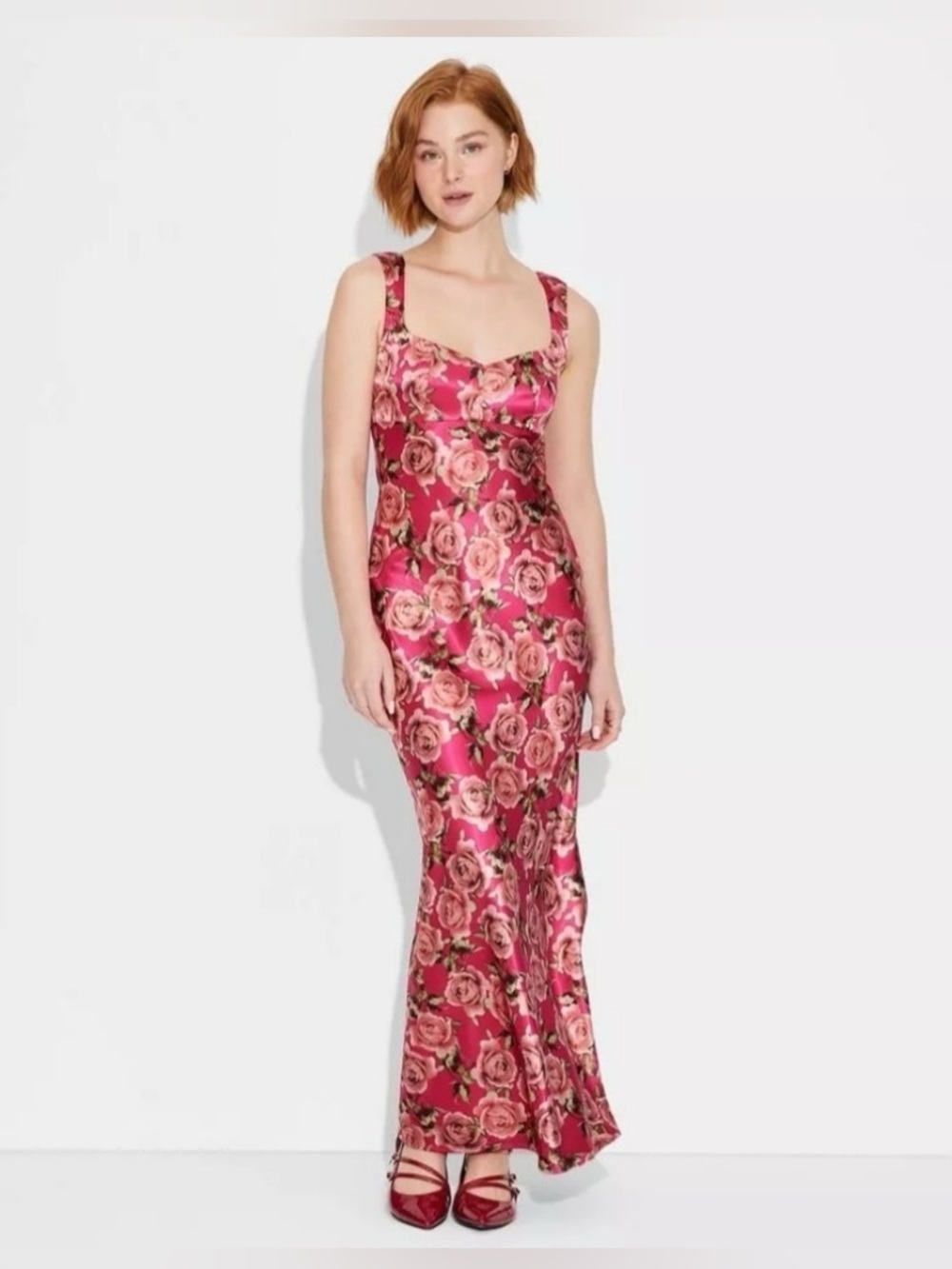 Wild Fable Women’s Satin Maxi Dress Red Floral Bodycon Size Small.